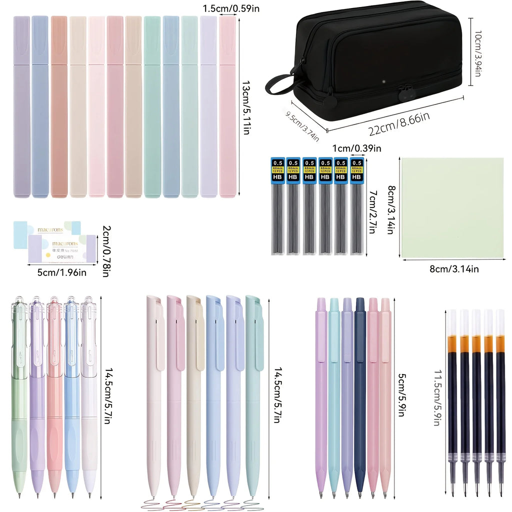 44 pieces of elegant stationery, including a large-capacity pencil case, 12 highlighters, 11 gel pens, and 6 fountain pens.
