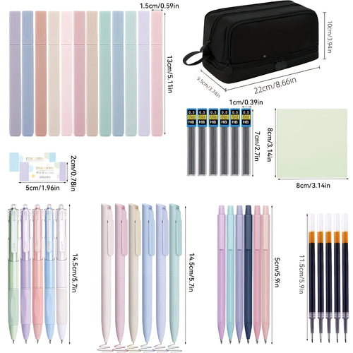 44 pieces of elegant stationery, including a large-capacity pencil case, 12 highlighters, 11 gel pens, and 6 fountain pens.