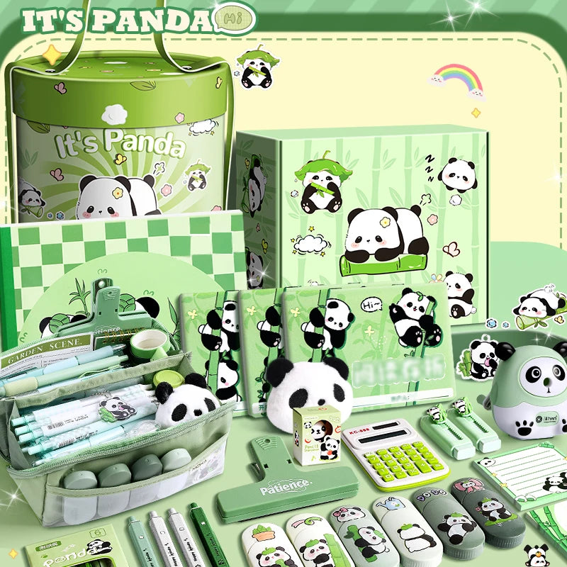 Panda Stationery Set Cute Cuddle Bucket Portable for School Student Kids Gift Birthday Christmas Creative Art Desk Tool